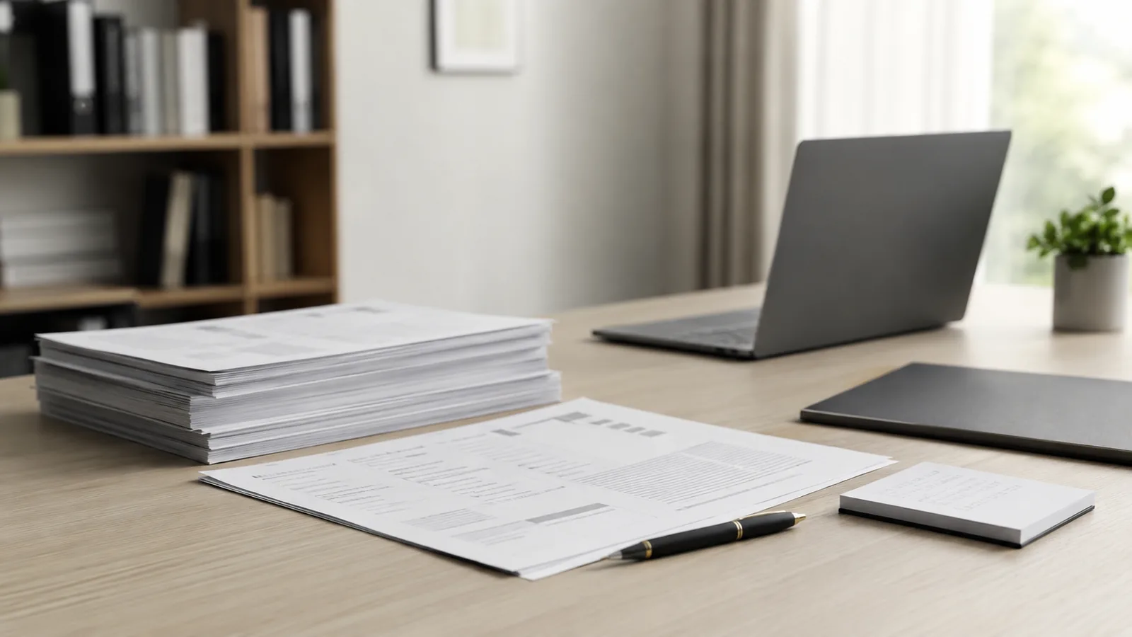 Mesa organizada com documentos genéricos, caneta e notebook, sugerindo preparação documental para análise de problema de consumo.