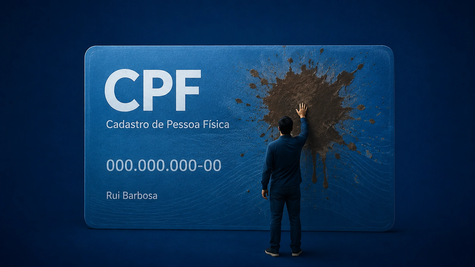Imagem editorial simbólica com CPF fictício, número 000.000.000-00, referência cultural a Rui Barbosa e pessoa não identificável diante de marca abstrata, sugerindo restrição de crédito.